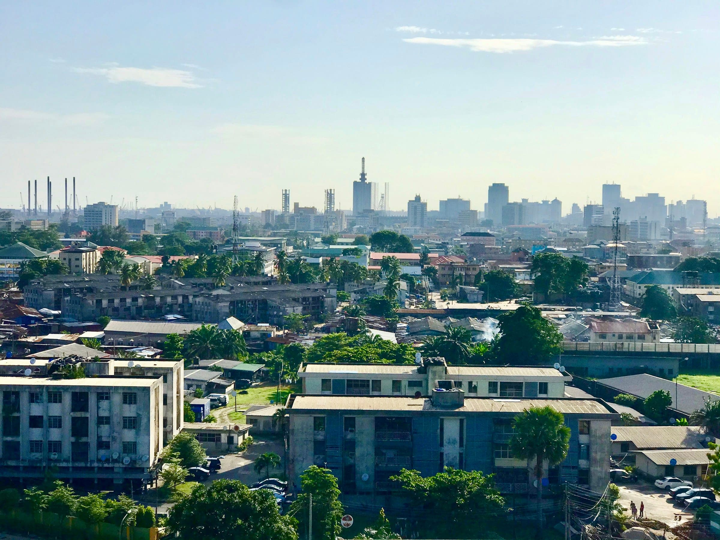 The Lagos skyline seen across the city on a clear day.